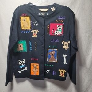 BECHAMEL Womens Cardigan Black Long Sleeve Embroidered Dog Applique Size M